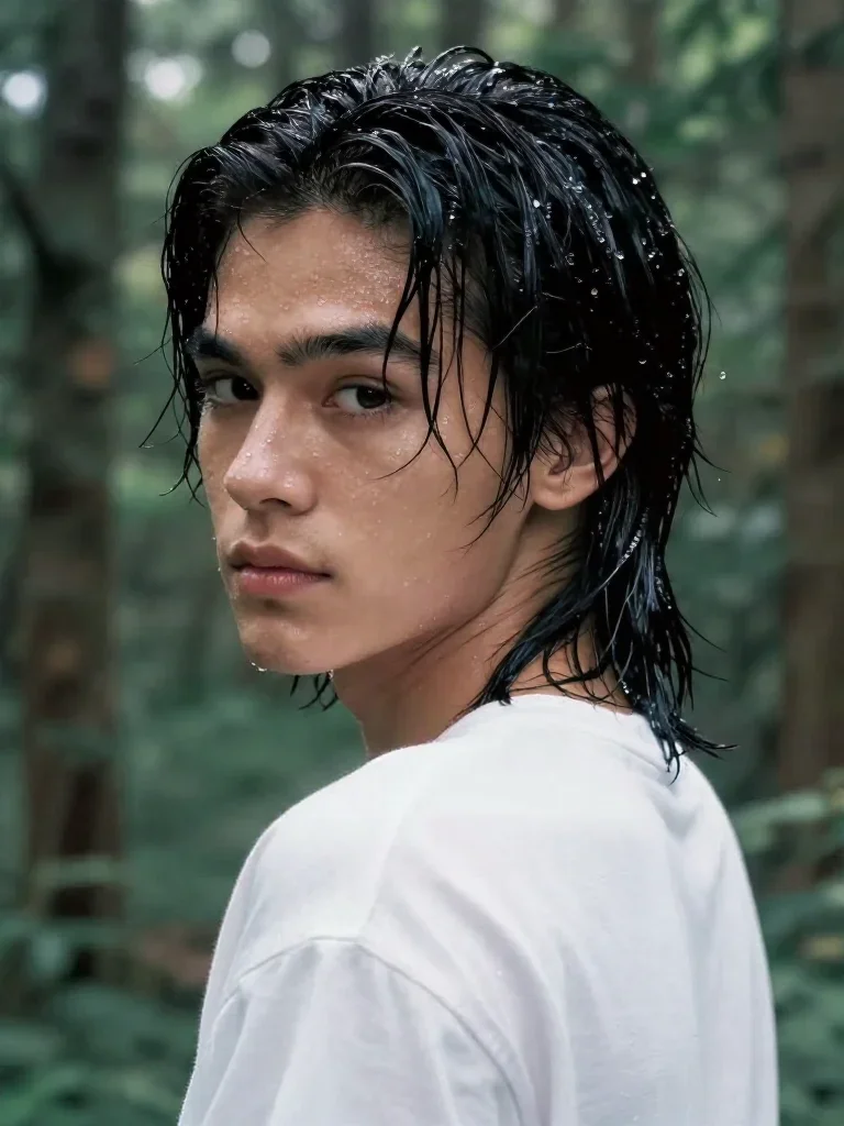 a streetwear influencer with wet-look hair in an alluring over-the-shoulder glance, in a dewy forest clearing, Wong Kar-