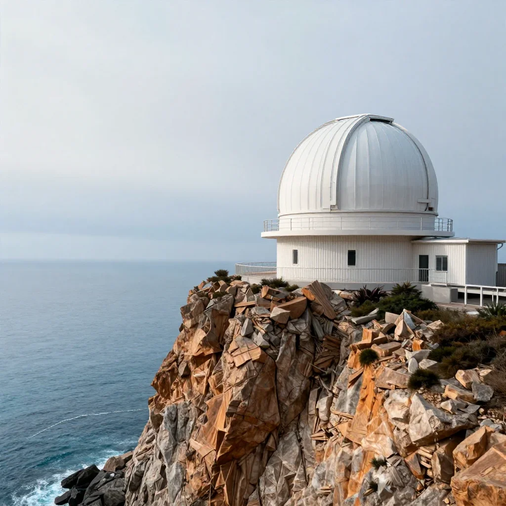 a cliffside observatory under overcast coastal light, high-end design magazine photography, soft volumetric light, ice b