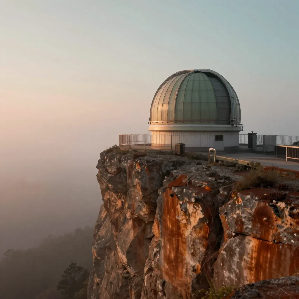 a cliffside observatory under soft dawn fog, dreamlike fine-art landscape photography, atmospheric depth, rust and sage