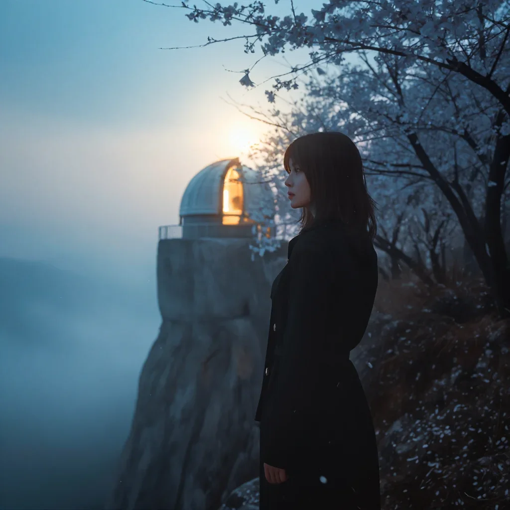a cliffside observatory in early spring mist, dreamlike fine-art landscape photography, gentle reflected light, cobalt a