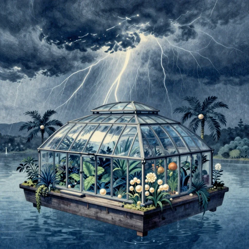 a floating botanical conservatory after a distant thunderstorm, Japanese woodblock-inspired editorial art, subtle film g