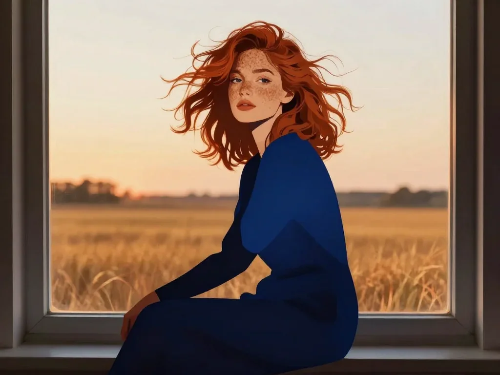 a muse with freckles and wind-tousled copper hair in a seated silhouette against a window, in a backlit golden-hour fiel