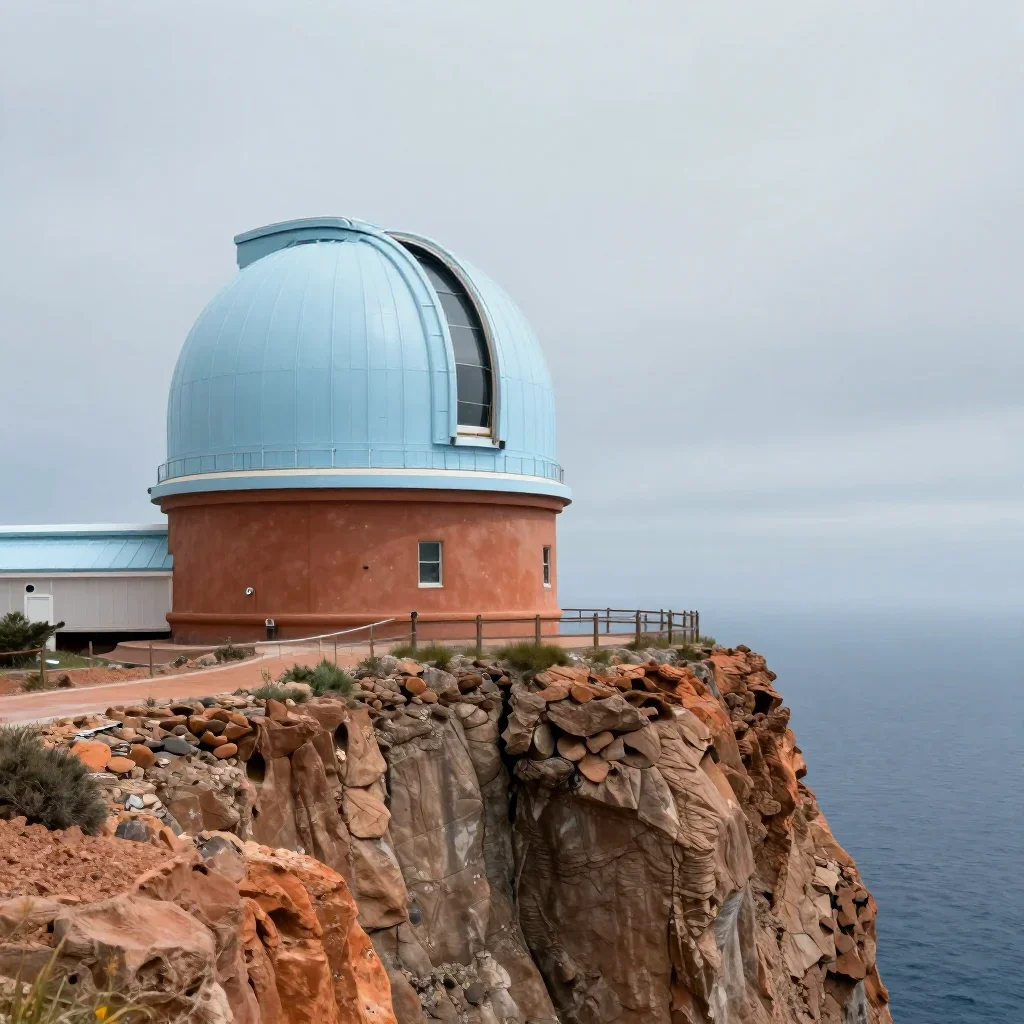 a cliffside observatory under overcast coastal light, quiet science-fiction concept art, crisp material detail, terracot