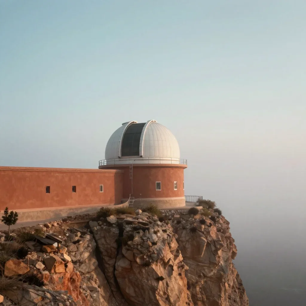 a cliffside observatory under soft dawn fog, cinematic architectural photography, calm negative space, terracotta and pa