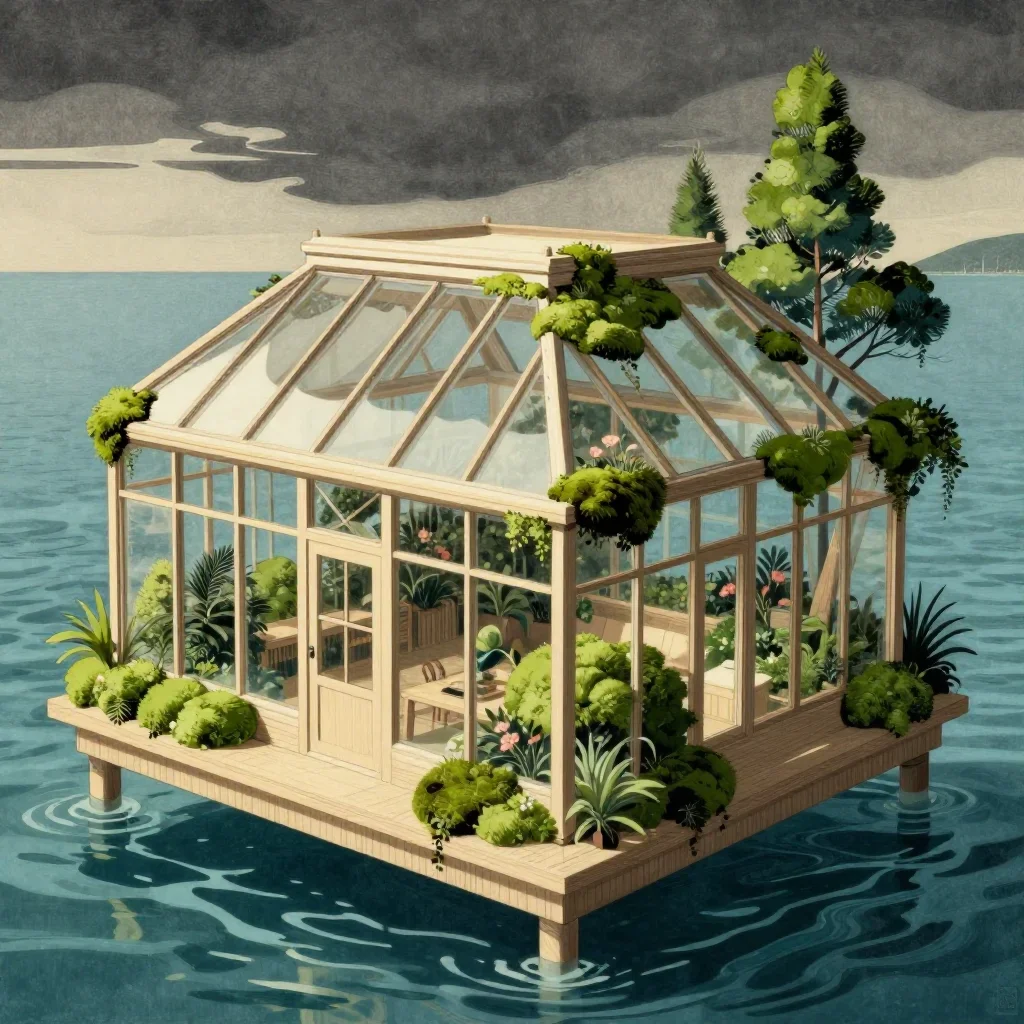 a floating botanical conservatory in a gentle sea breeze, Japanese woodblock-inspired editorial art, careful geometric c