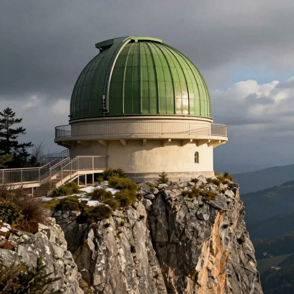 a cliffside observatory in crisp winter sunlight, cinematic architectural photography, atmospheric depth, moss green and