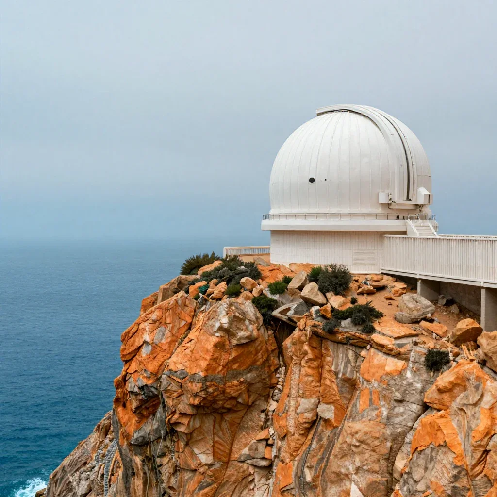 a cliffside observatory under overcast coastal light, refined editorial travel photography, crisp material detail, ochre