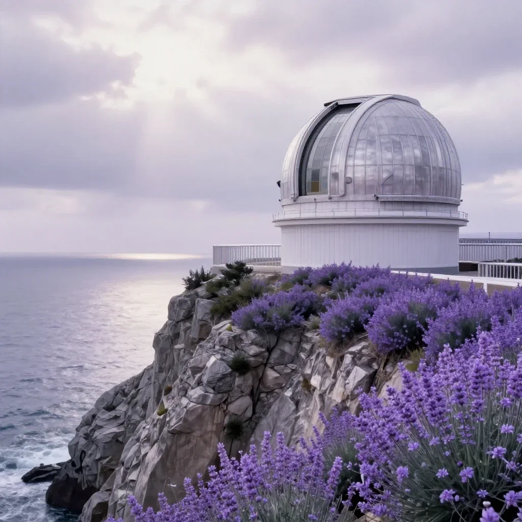 a cliffside observatory under overcast coastal light, dreamlike fine-art landscape photography, soft volumetric light, l