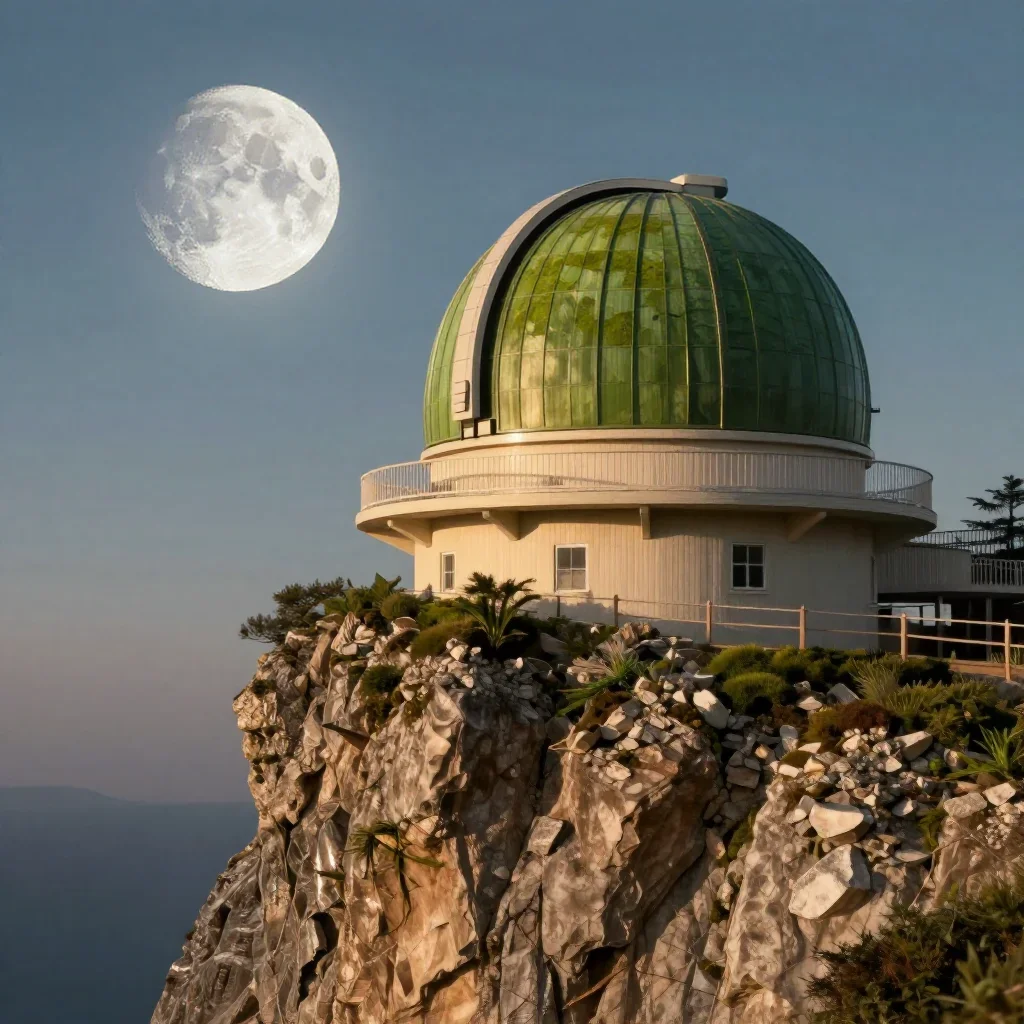 a cliffside observatory at moonrise, cinematic architectural photography, soft volumetric light, moss green and cream pa