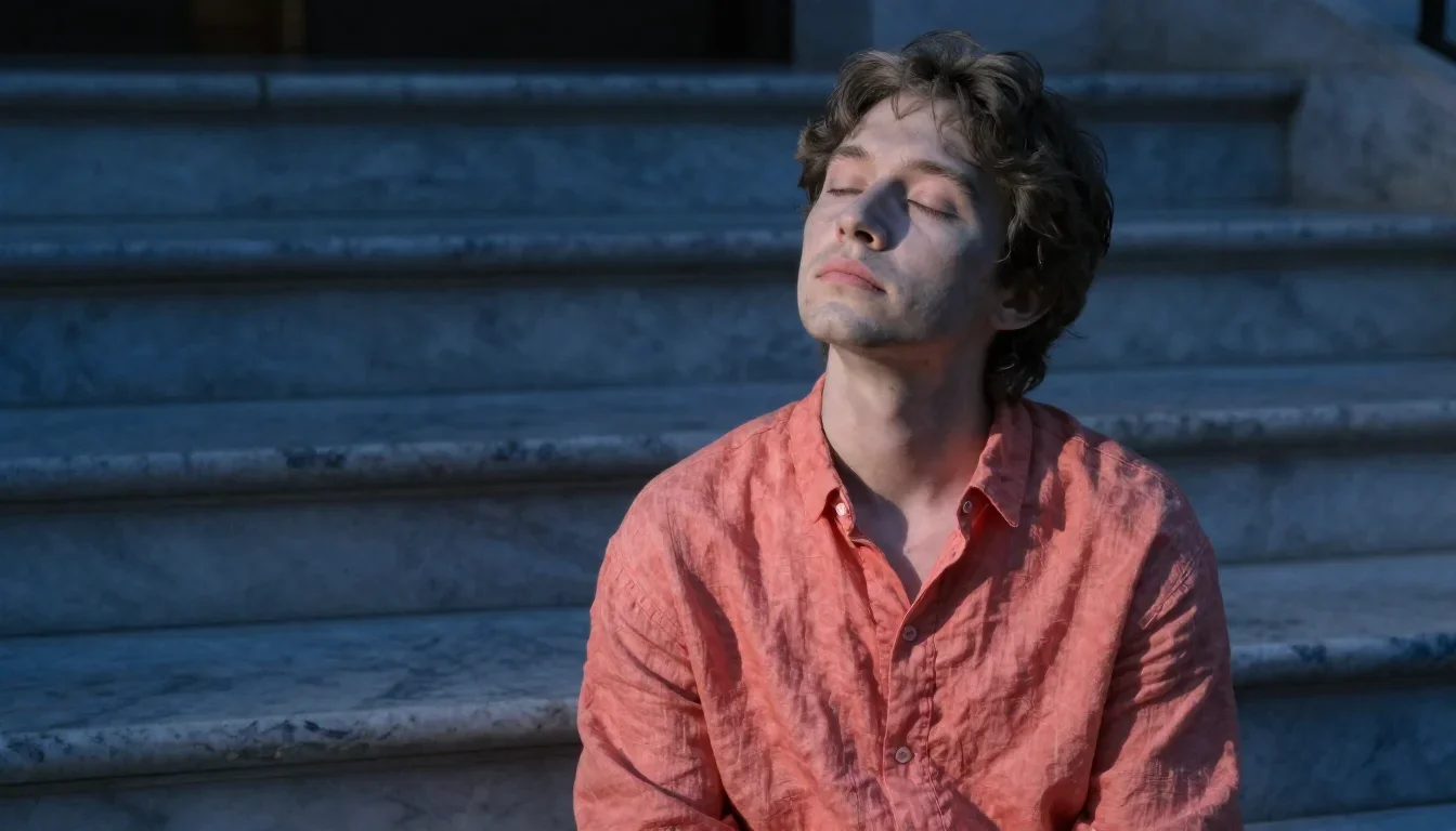 a sculptor at rest in a linen shirt, dust-hazed in a deep breath with eyes closed, on a marble staircase at dawn, moody