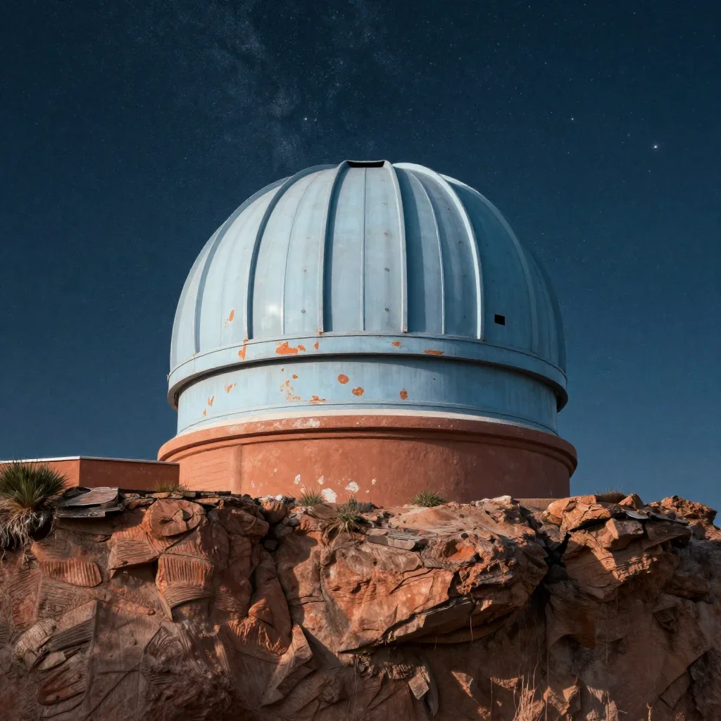 a cliffside observatory beneath a star-filled sky, cinematic architectural photography, weathered tactile surfaces, terr