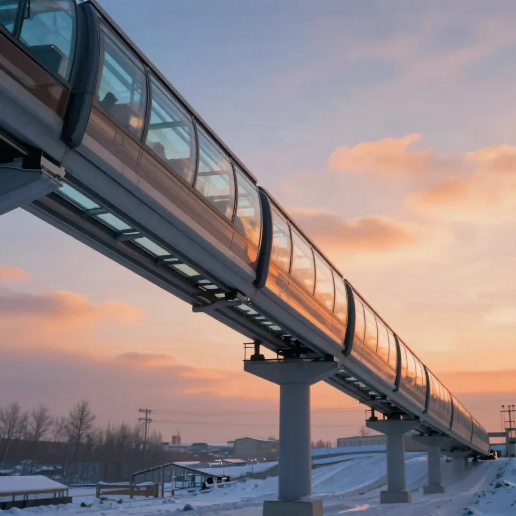 a glass monorail in crisp winter sunlight, cinematic architectural photography, soft volumetric light, ochre and ultrama