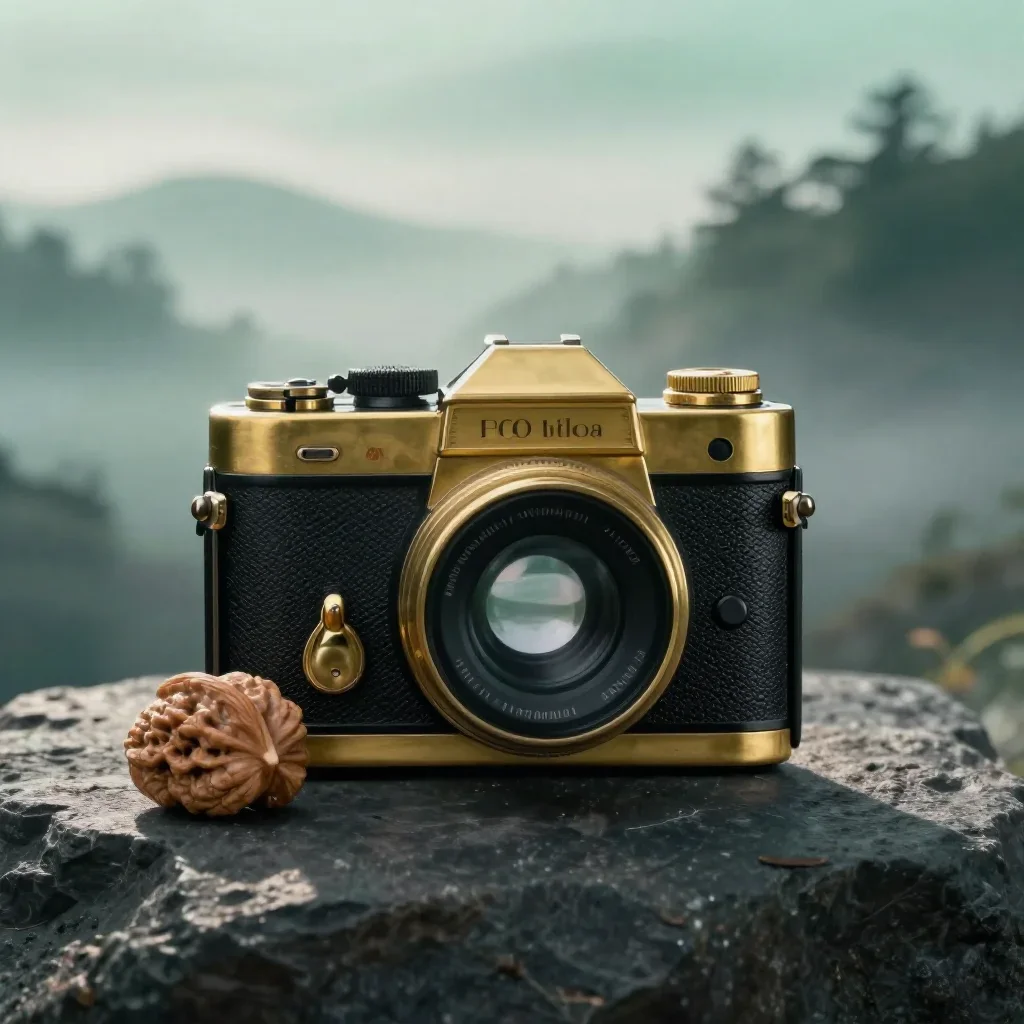 a walnut and brass field camera at first light, dreamlike fine-art landscape photography, soft volumetric light, jade an