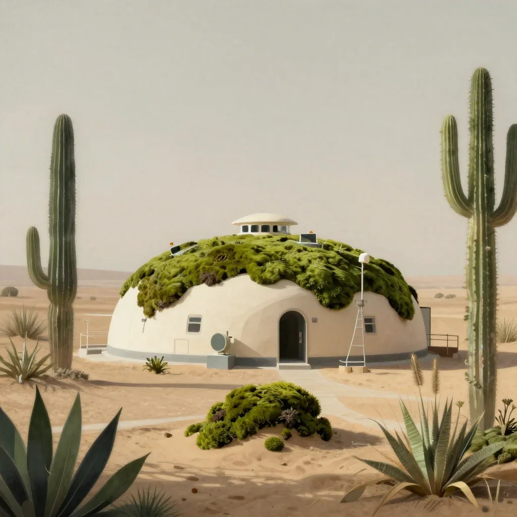 a desert research station in quiet late-afternoon haze, contemporary botanical illustration, restrained color harmony, m