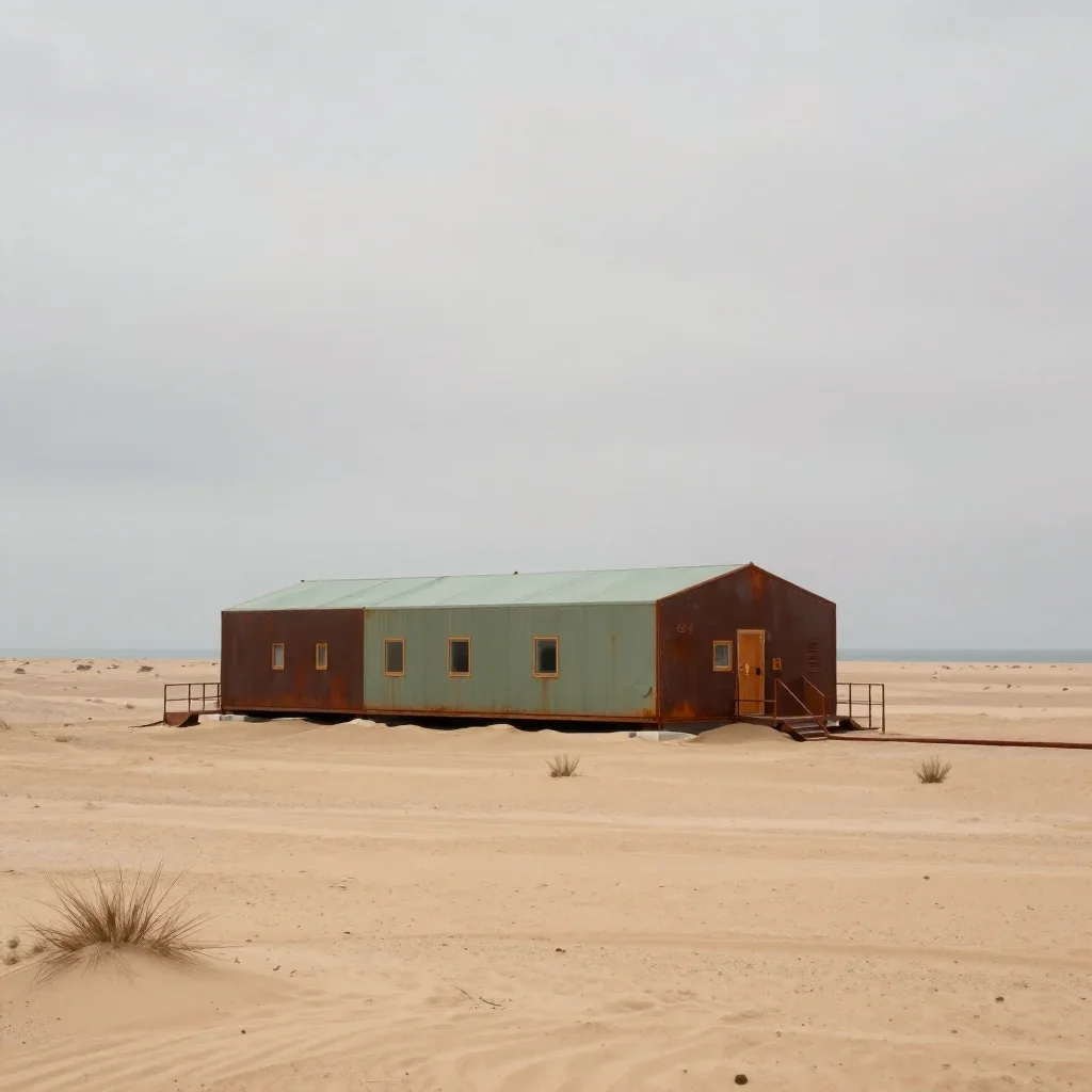 a desert research station under overcast coastal light, museum-quality still-life photography, calm negative space, rust