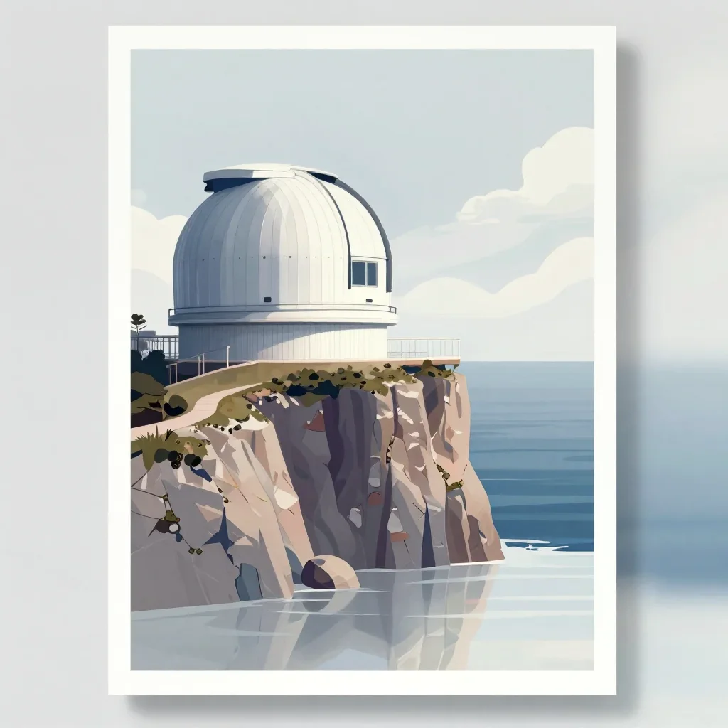 a cliffside observatory under overcast coastal light, modernist poster illustration, gentle reflected light, indigo and pearl palette, no people, no text, no logo, no watermark