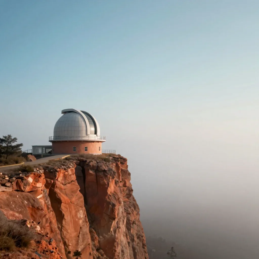 a cliffside observatory in early spring mist, quiet science-fiction concept art, calm negative space, terracotta and pal