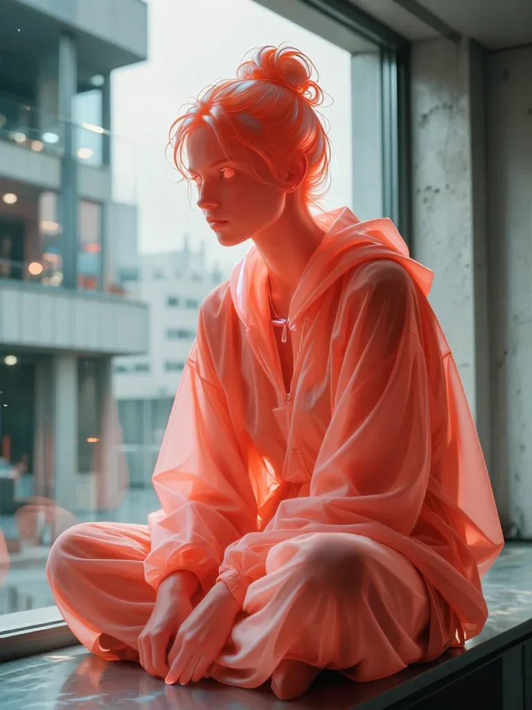 a streetwear influencer with wet-look hair in a seated silhouette against a window, in a brutalist concrete atrium, futu