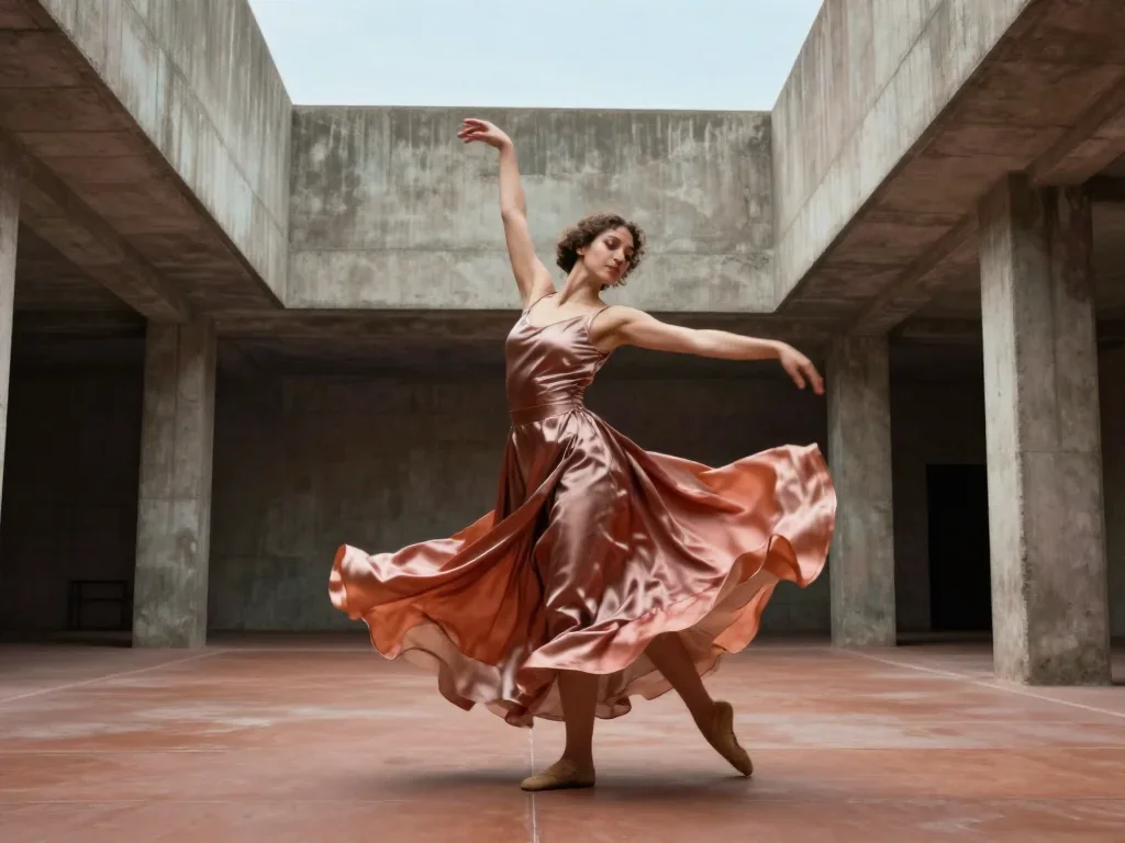 a dancer mid-spin in a silk maxi dress in a confident cinematic stride, in a brutalist concrete atrium, Renaissance chia