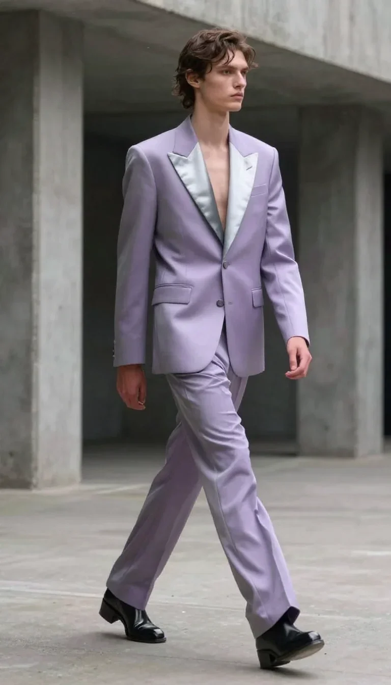 an androgynous model in a sharply tailored suit in a confident cinematic stride, in a brutalist concrete atrium, high-fa