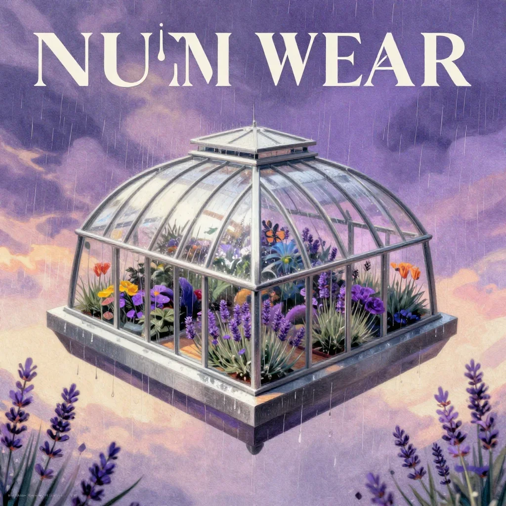 a floating botanical conservatory after warm summer rain, modernist poster illustration, subtle film grain, lavender and