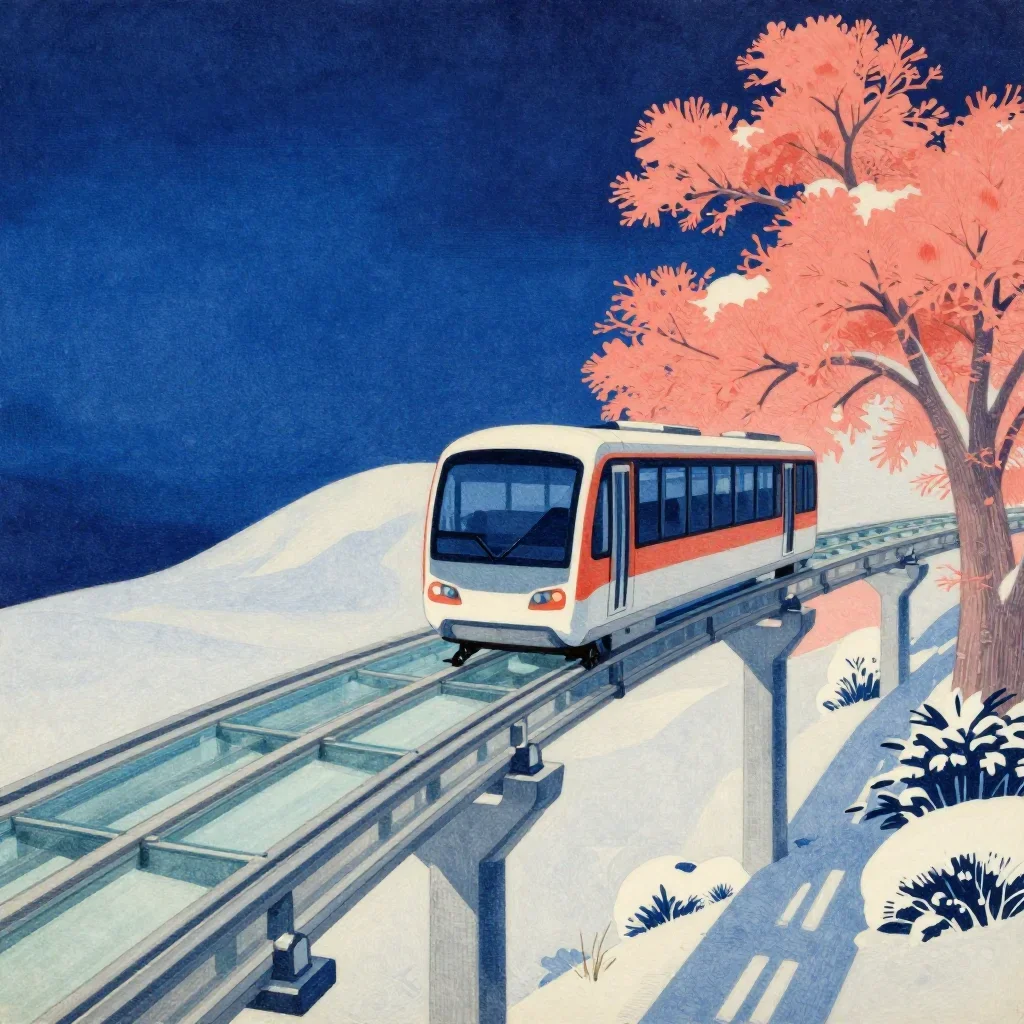 a glass monorail in crisp winter sunlight, Japanese woodblock-inspired editorial art, careful geometric composition, cor