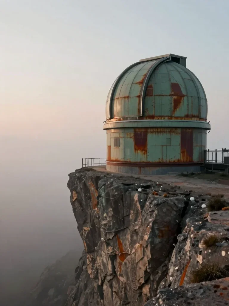 a cliffside observatory under soft dawn fog, quiet science-fiction concept art, careful geometric composition, rust and