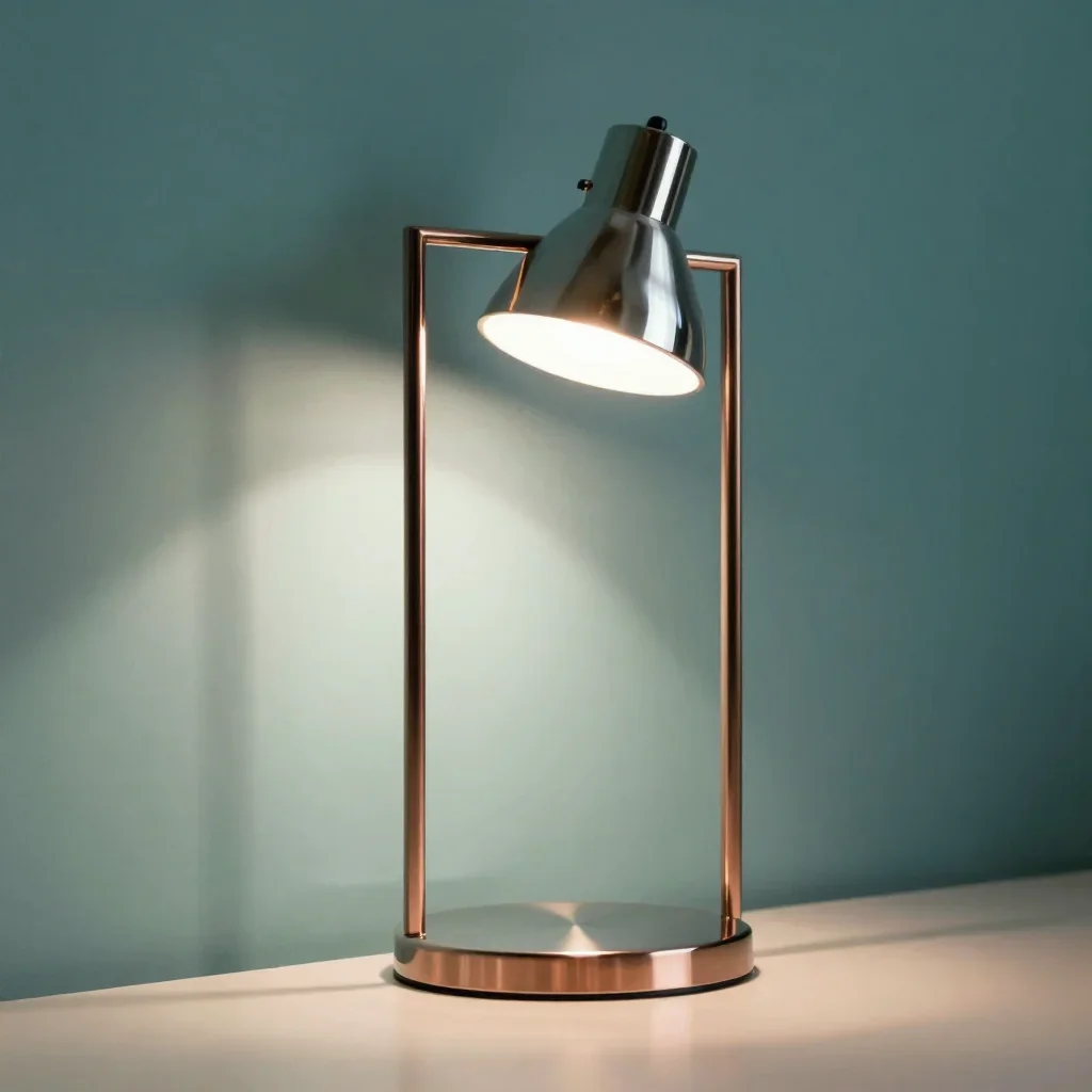a modular chrome reading lamp at first light, refined editorial travel photography, careful geometric composition, seafo