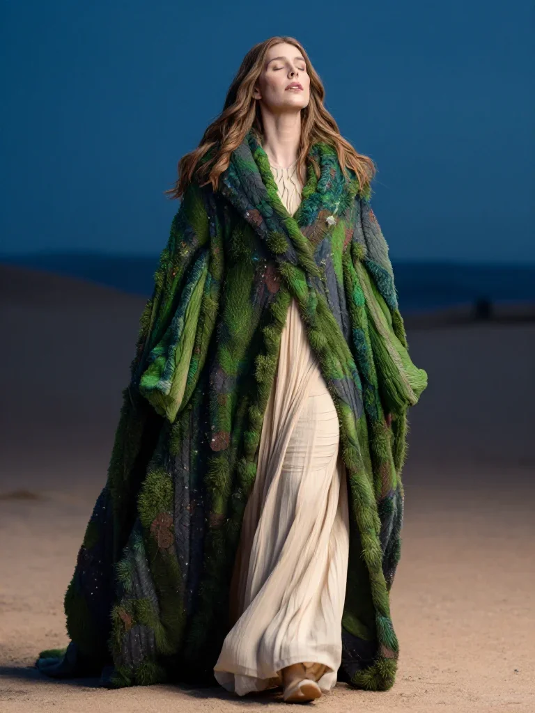 a sorceress in a star-lit midnight cloak in a deep breath with eyes closed, in a silent desert at twilight, high-fashion