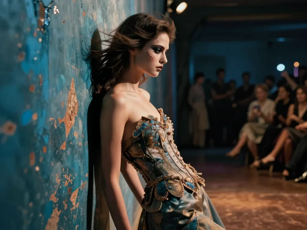 a couture catwalk muse with razor cheekbones in a wind-swept lean against a wall, on a midnight dance floor, cinematic f