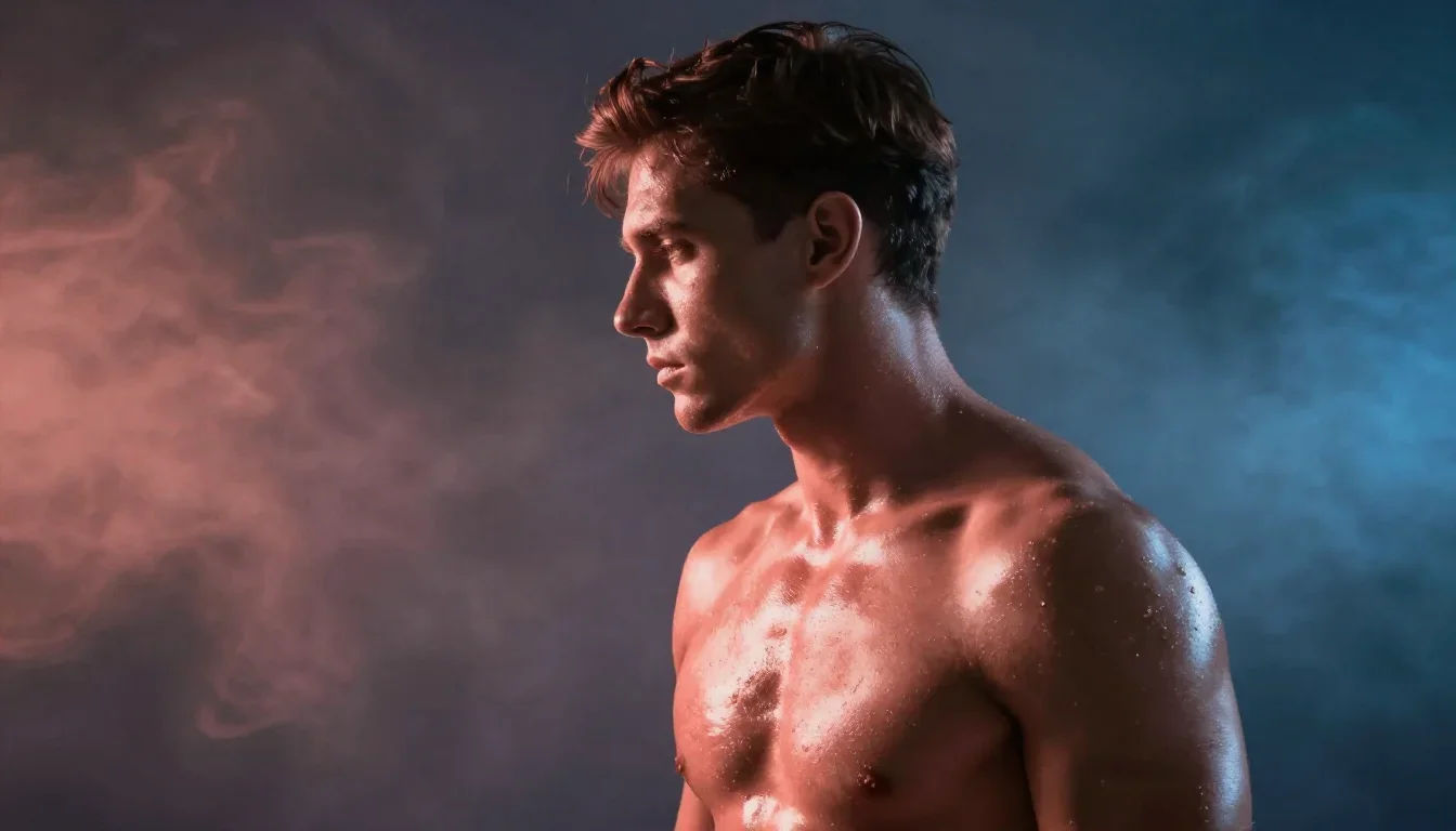 a chiseled athlete in dramatic rim light, oiled skin in a dramatic three-quarter profile, in a smoke-lit photo studio, b
