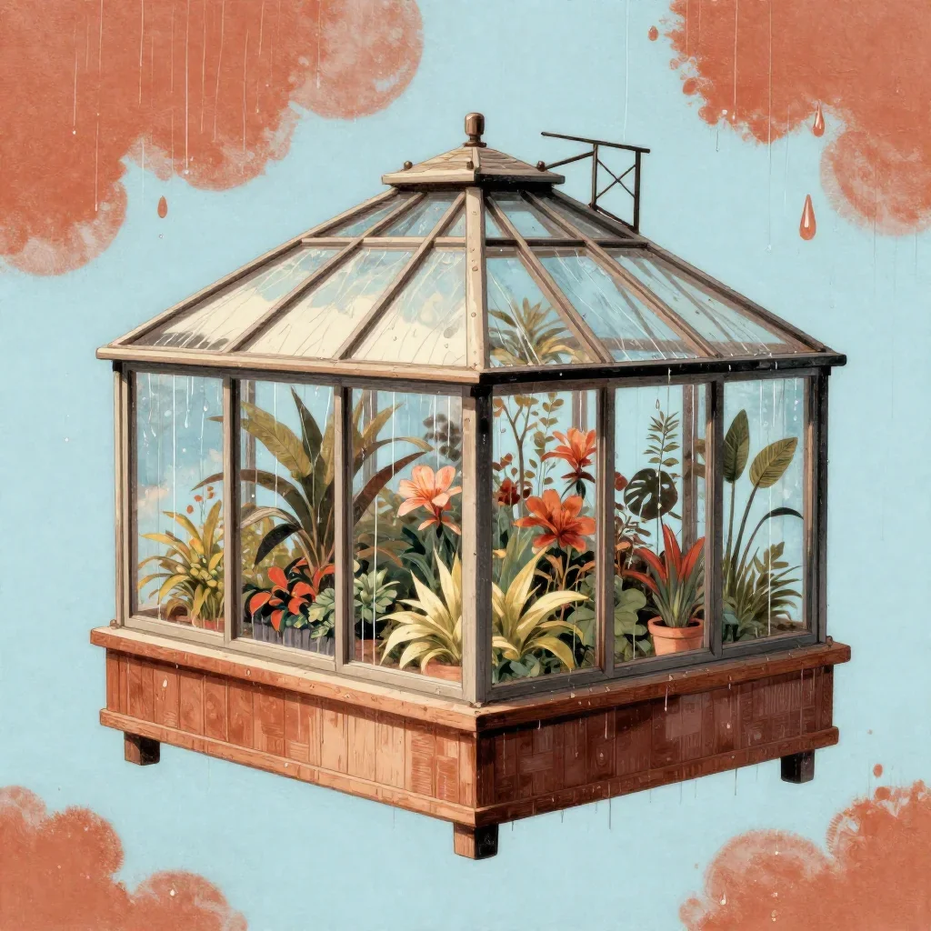 a floating botanical conservatory after warm summer rain, Japanese woodblock-inspired editorial art, restrained color ha