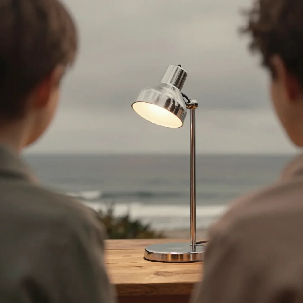 a modular chrome reading lamp under overcast coastal light, dreamlike fine-art landscape photography, layered foreground