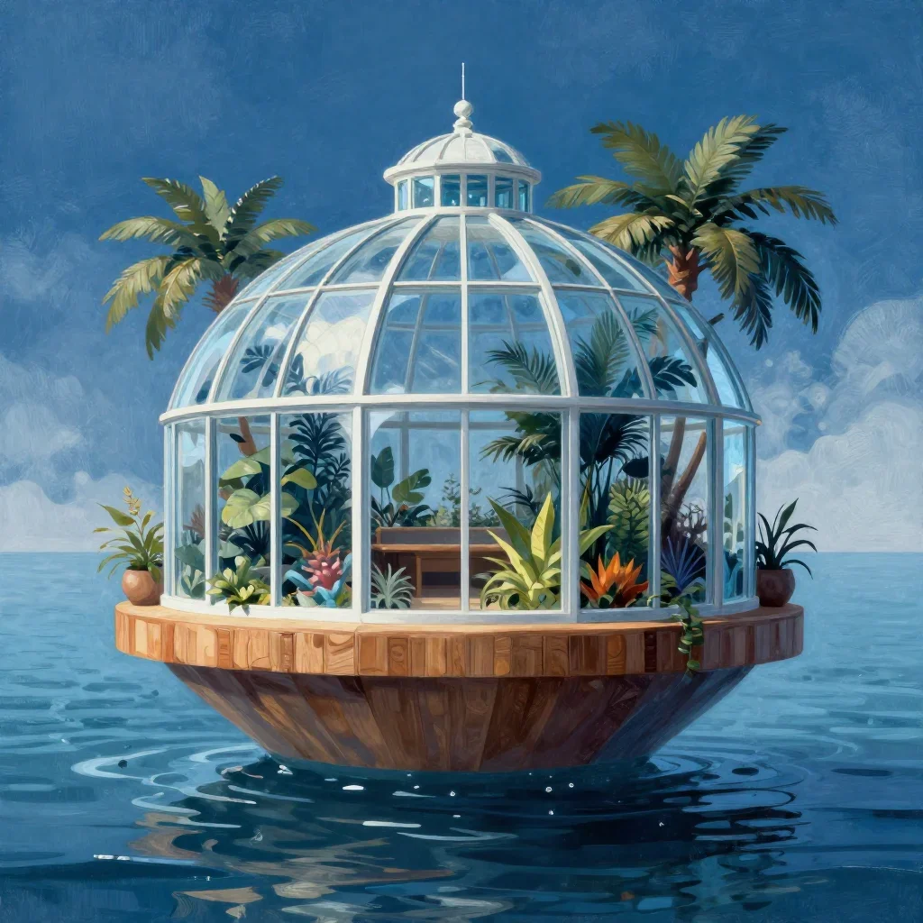 a floating botanical conservatory in a gentle sea breeze, modernist poster illustration, atmospheric depth, ice blue and
