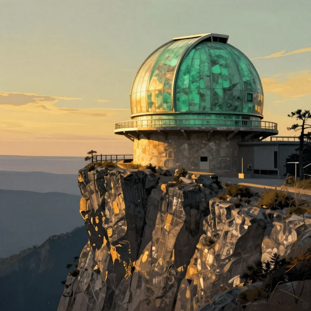 a cliffside observatory during golden hour, modernist poster illustration, weathered tactile surfaces, jade and charcoal palette, no people, no text, no logo, no watermark