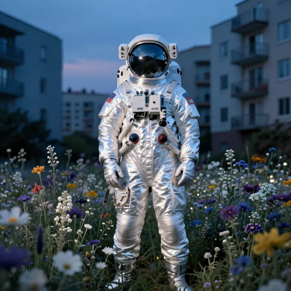 an astronaut in a reflective bodysuit among wildflowers standing tall with hands in pockets, in a blue-hour city apartme