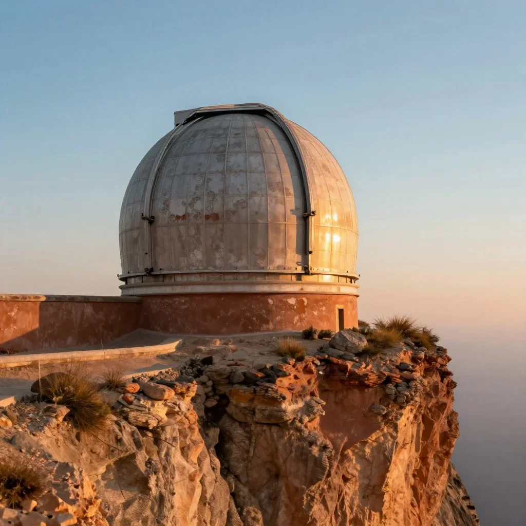 a cliffside observatory during golden hour, dreamlike fine-art landscape photography, weathered tactile surfaces, terrac