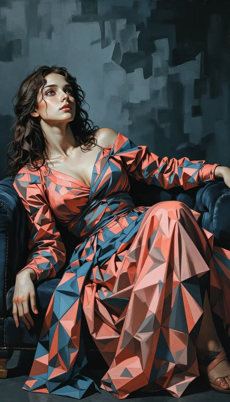 a young woman in a flowing silk gown reclining elegantly on a chaise, in a smoke-lit photo studio, Renaissance chiaroscu