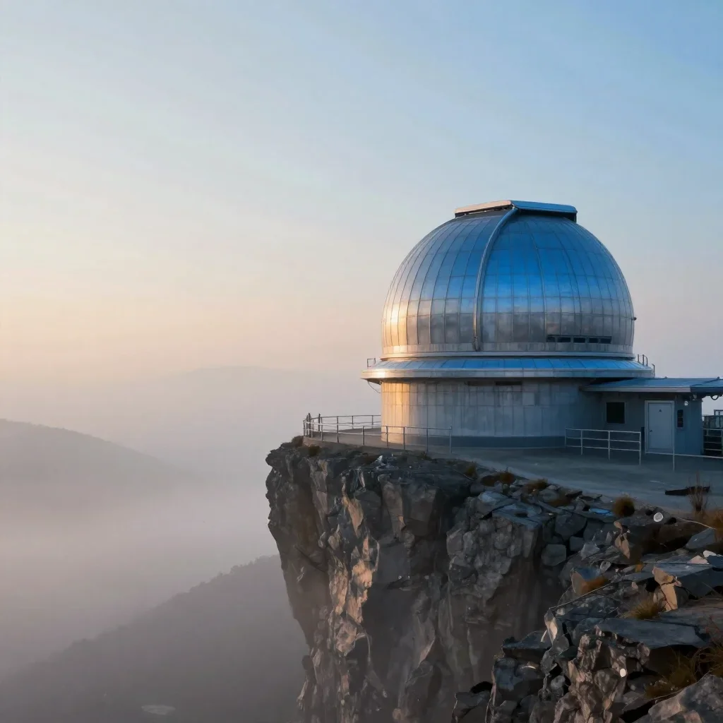 a cliffside observatory under soft dawn fog, quiet science-fiction concept art, crisp material detail, cobalt and amber 