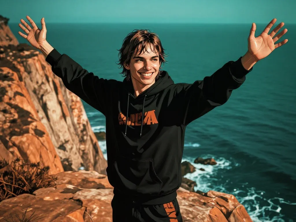 a streetwear influencer with wet-look hair in a bold, open-armed welcome, on a sun-drenched cliffside, neo-noir cinemati