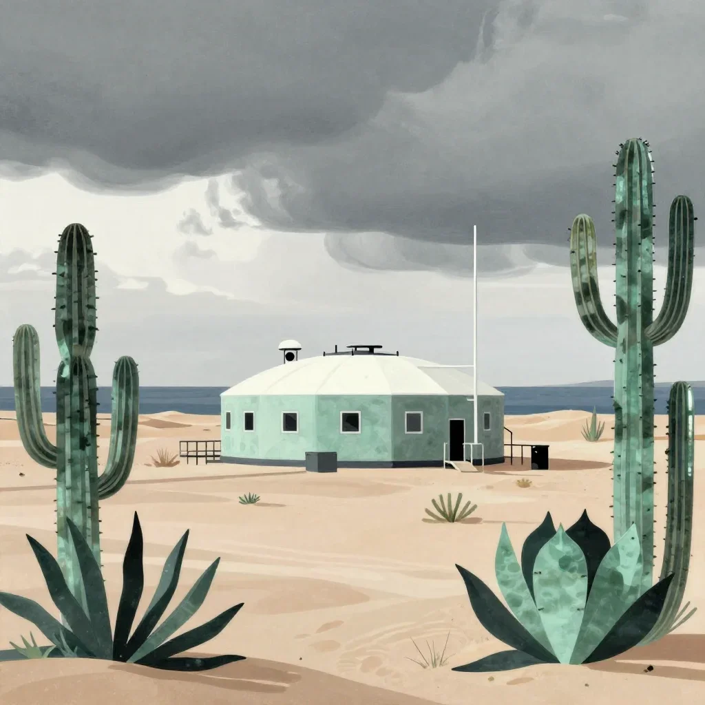a desert research station under overcast coastal light, contemporary botanical illustration, restrained color harmony, j