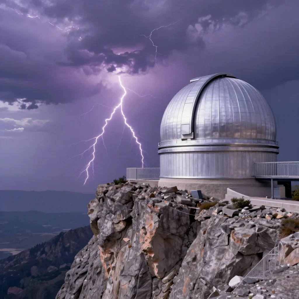 a cliffside observatory after a distant thunderstorm, quiet science-fiction concept art, clean natural textures, lavende