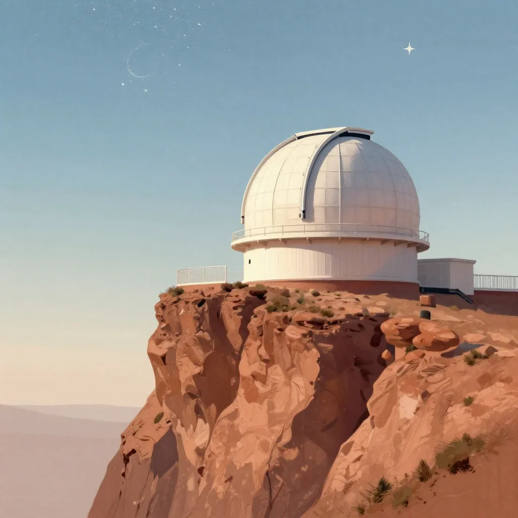 a cliffside observatory beneath a star-filled sky, modernist poster illustration, soft volumetric light, terracotta and