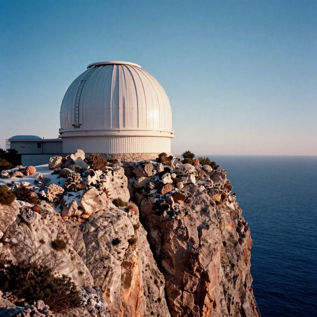 a cliffside observatory in crisp winter sunlight, soft-grain analog film photography, gentle reflected light, coral and 