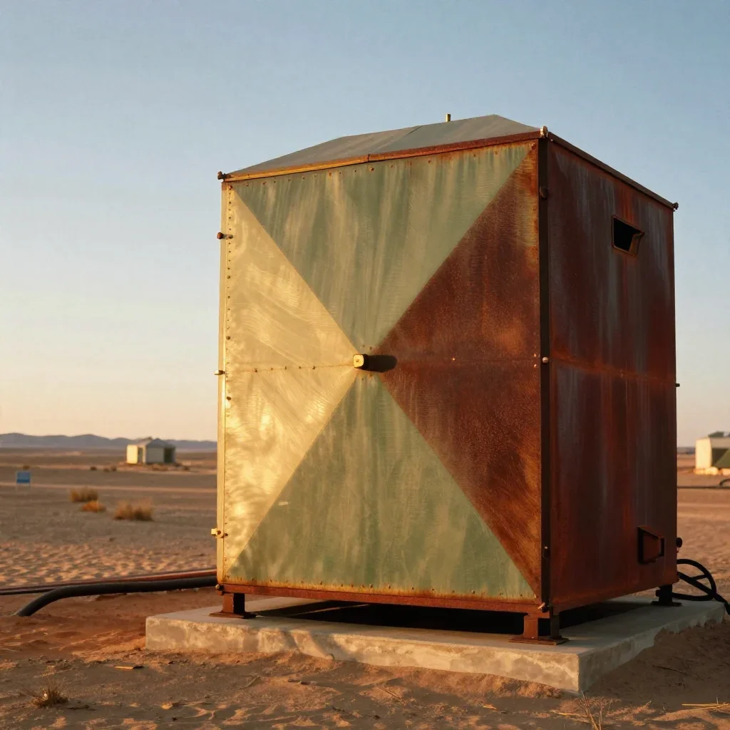 a desert research station during golden hour, soft-grain analog film photography, careful geometric composition, rust an