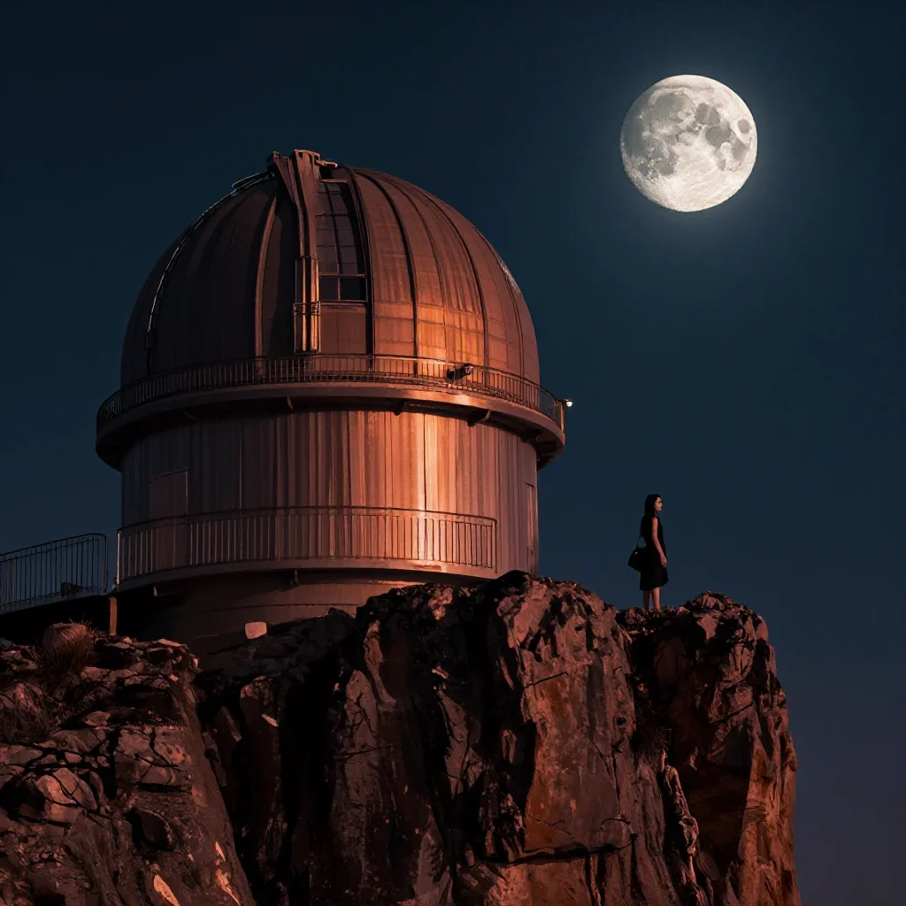 a cliffside observatory at moonrise, cinematic architectural photography, subtle film grain, cobalt and amber palette, n