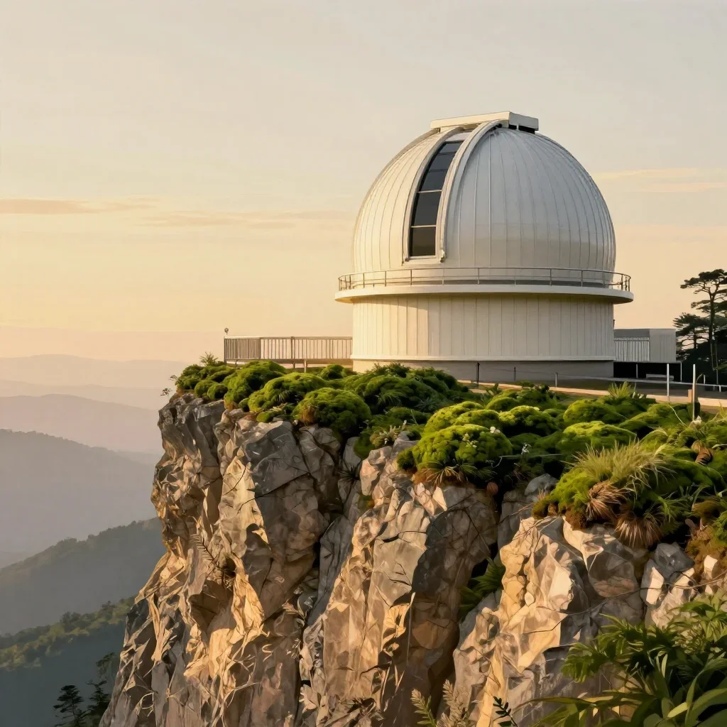 a cliffside observatory during golden hour, Japanese woodblock-inspired editorial art, clean natural textures, moss green and cream palette, no people, no text, no logo, no watermark