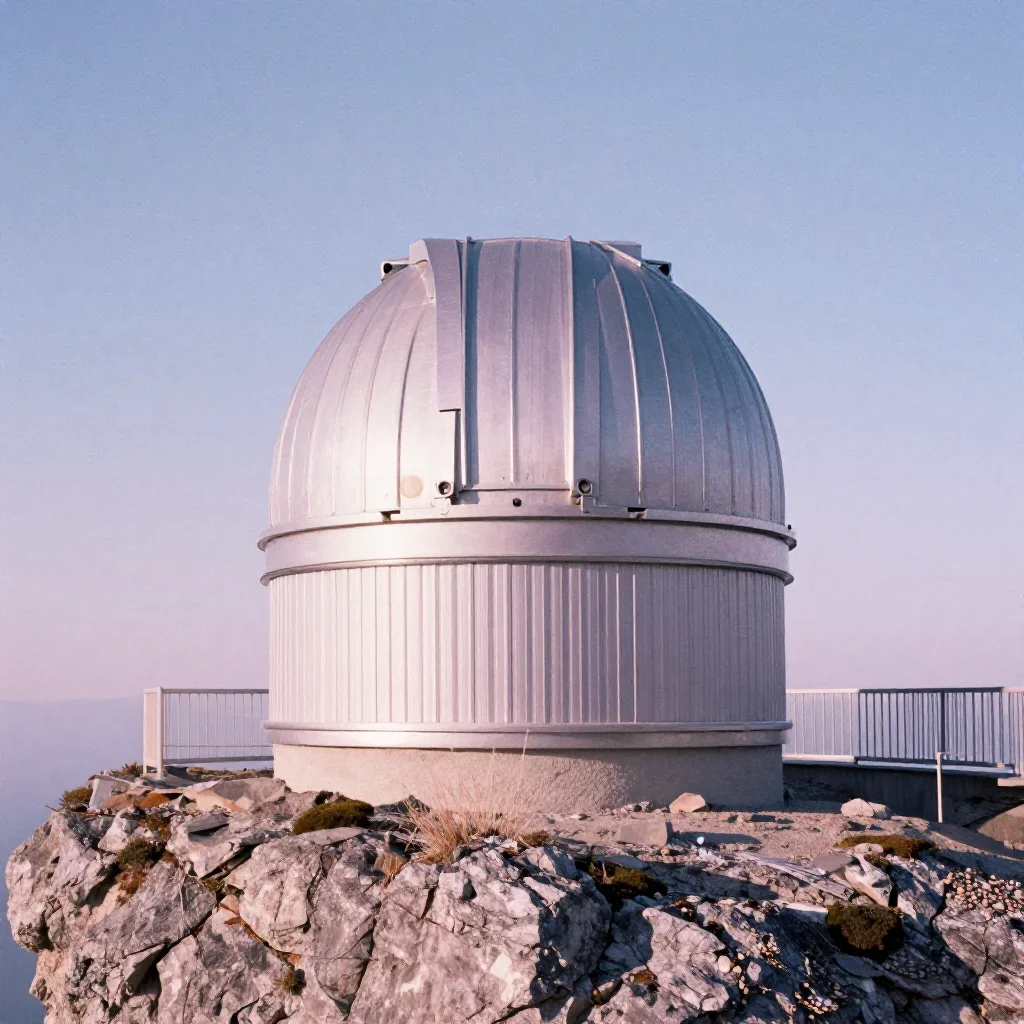 a cliffside observatory in crisp winter sunlight, soft-grain analog film photography, crisp material detail, lavender an