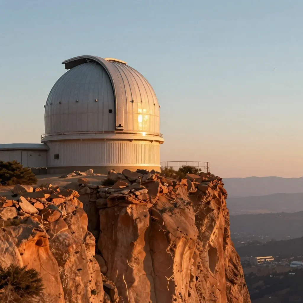 a cliffside observatory during golden hour, quiet science-fiction concept art, crisp material detail, terracotta and pal
