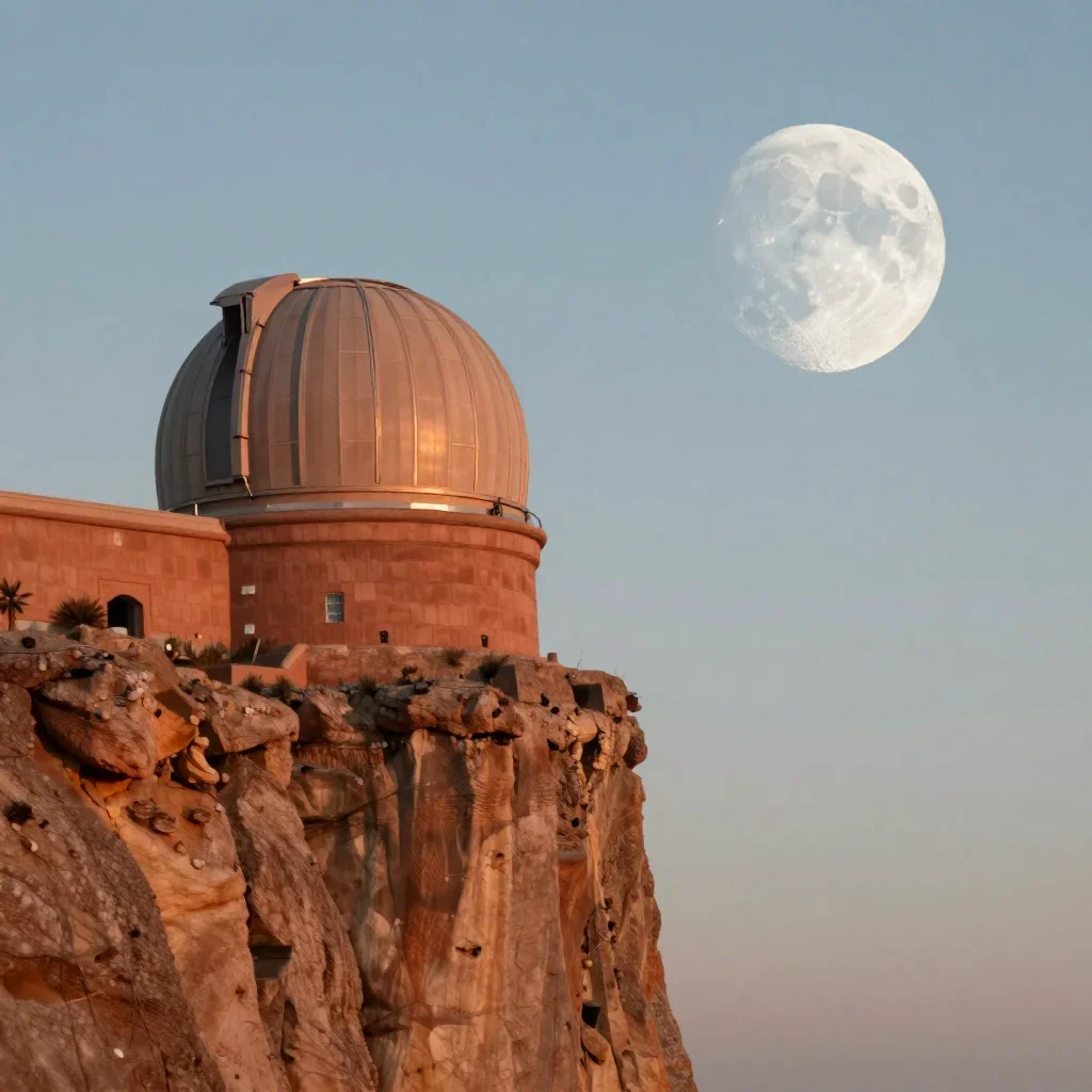 a cliffside observatory at moonrise, cinematic architectural photography, atmospheric depth, terracotta and pale sky blu